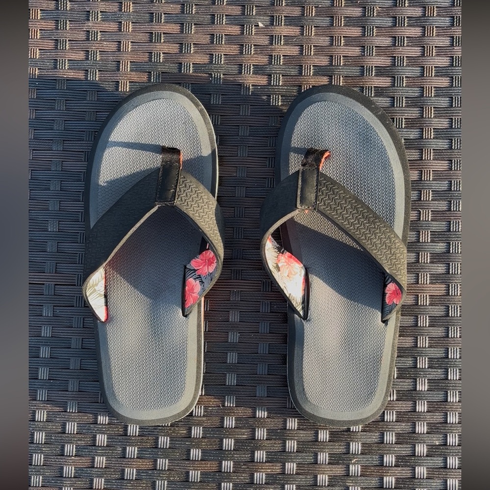 Black Flip Flop Sandals with Red Floral Accent